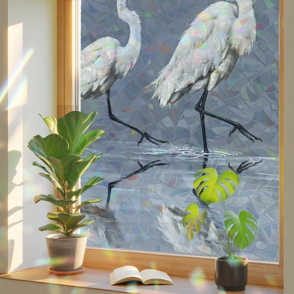Egret Wetland Window Privacy Film, Coastal Farmhouse Wildlife White Bird Reflection Static Cling Stained Glass Window Sticker Decorative Removable Rainbow Film for Glass 17.7”x39.3”