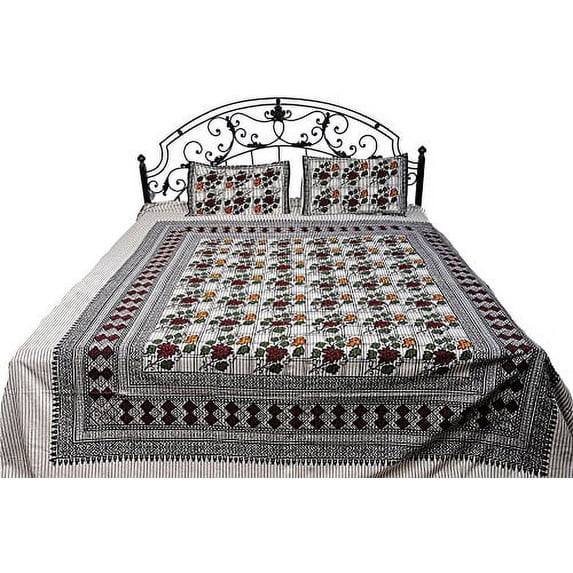 Exotic India Pure Cotton Bedspread Floral Print With Two Pillowcase Set