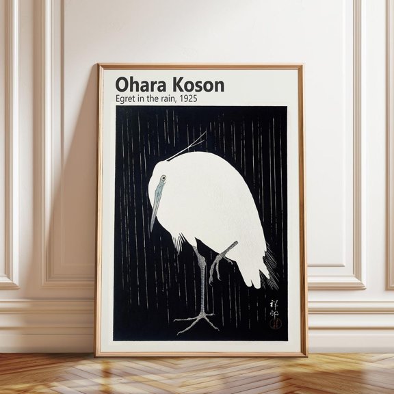 Egret in Rain Japanese Woodblock Koson 1925 Artwork, Unframed Canvas 8x10in