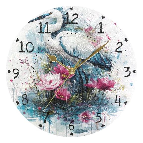 Egret in Water Watercolor Round Wall Clock Silent Battery Operated Home Decor for Living Room Bedroom