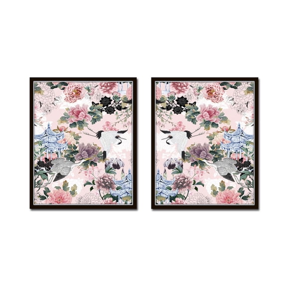 Egrets and Peonies Collage Print Set No. Pink Chinoiserie Print Set Botanical Prints Bird Prints Chinoiserie Art Set