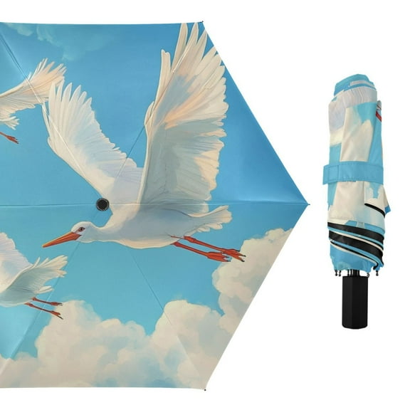Egrets in The Sky Clouds All Weather Umbrella Triple Folding Parasol 6 Ribs UV Protection Portable