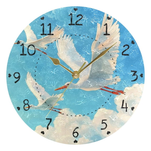 Egrets in The Sky Clouds Round Wall Clock Silent Analog Battery Operated Gold Pointer Home Decor 9.84" Diameter