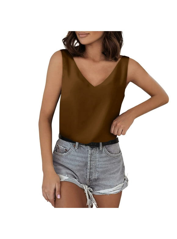 Eguiwyn Womens Tops Tank Tops for Women V Neck Silk Summer Satin Sleeveless Blouse Basic Camisole Shirts Brown XL