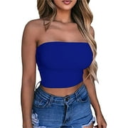 Eguiwyn Womens Tops Women Solid Color Crop Top Strapless Bandeau Tube Top Sleeveless Backless Tank Cami Vest Blue L