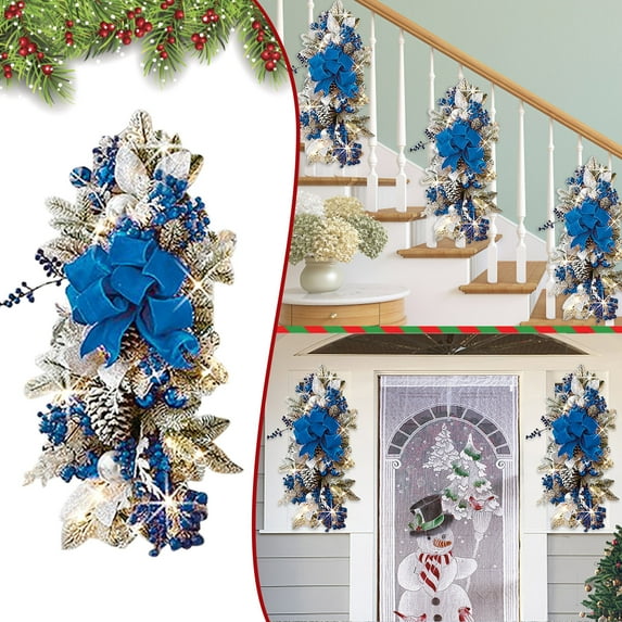 Eguiwyn towel Decoration Decoration Trim Stairway Stairs Prelit Christmas LED Cordless Lights Up Wreath Prelit Decoration & Hangs Wreath Blue