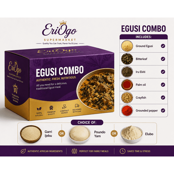 Egusi Soup Made Easy (with choice of Elubo | Poundo Yam or Ijebu Garri), 3.5LB Jumbo Size, Serves 3-5, Ready in 20mins