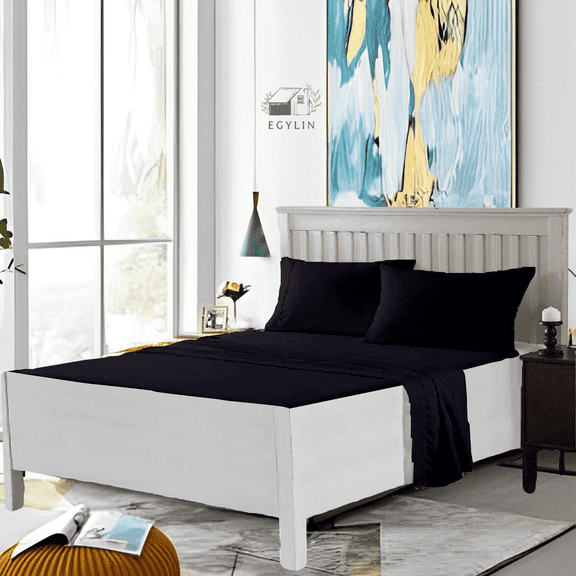 Egylin 800 Thread Count 100% Egyptian Cotton Waterbed Sheets Set 4Pc Set Attached with Fitted Sheet 14" Deep Pocket Attached Waterbed Sheet (Black , Califronia King)