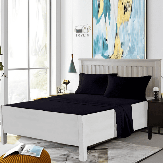 Egylin 800 Thread Count 100% Egyptian Cotton Waterbed Sheets Set 4Pc Set Attached with Fitted Sheet 14" Deep Pocket Attached Waterbed Sheet (Black , Single)