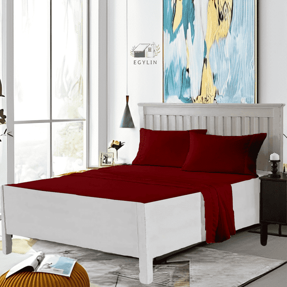 Egylin 800 Thread Count 100% Egyptian Cotton Waterbed Sheets Set 4Pc Set Attached with Fitted Sheet 14" Deep Pocket Attached Waterbed Sheet (Burgandy , Single)