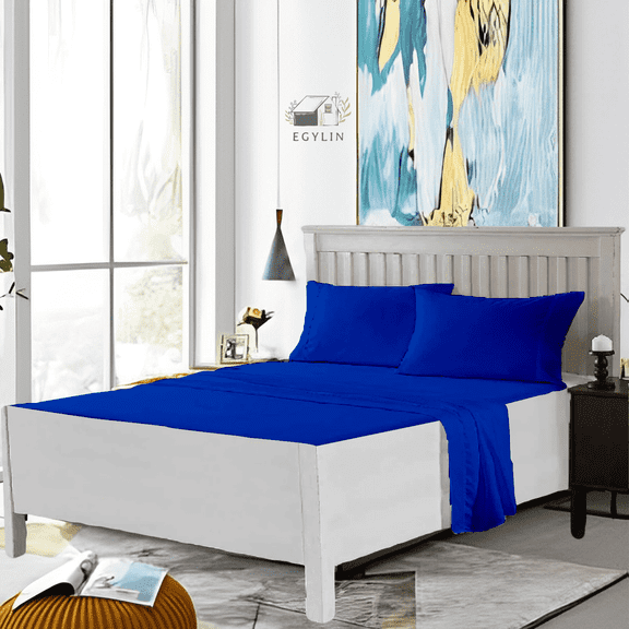 Egylin 800 Thread Count 100% Egyptian Cotton Waterbed Sheets Set 4Pc Set Attached with Fitted Sheet 14" Deep Pocket Attached Waterbed Sheet (Egyptian Blue , Califronia King)