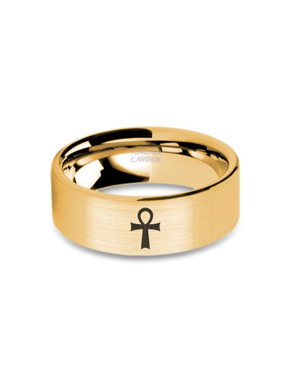 Egypt Ankh of Osiris Engraved Yellow Gold Tungsten Ring, Brushed, 8mm, Size 12