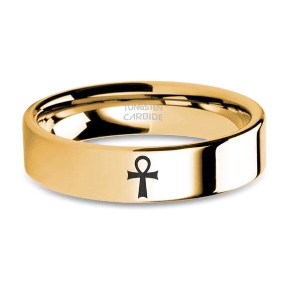 Egypt Ankh of Osiris Engraved Yellow Gold Tungsten Ring, Polished, 6mm, Size 11.5