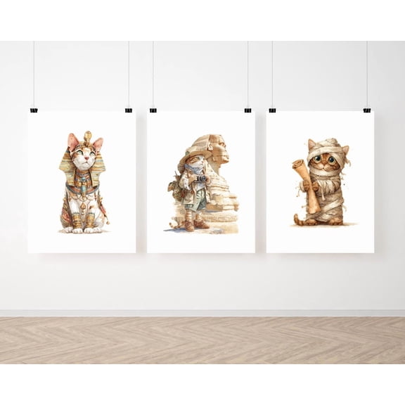 Egypt Cat, Pharaoh, Mummy & Sphinx Explorer, Egyptian Decor Poster Printed Poster, Poster Only