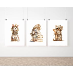 Egypt Cat Wall Art Set, Pharaoh, Mummy Sphinx Explorer, Egyptian DecPrints Poster, Set 3, Poster Only