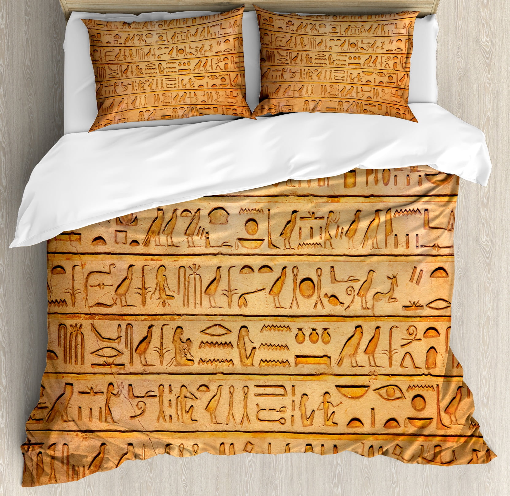 Egypt Duvet Cover Set, Hieroglyph Stones with Historic Prehistoric Art