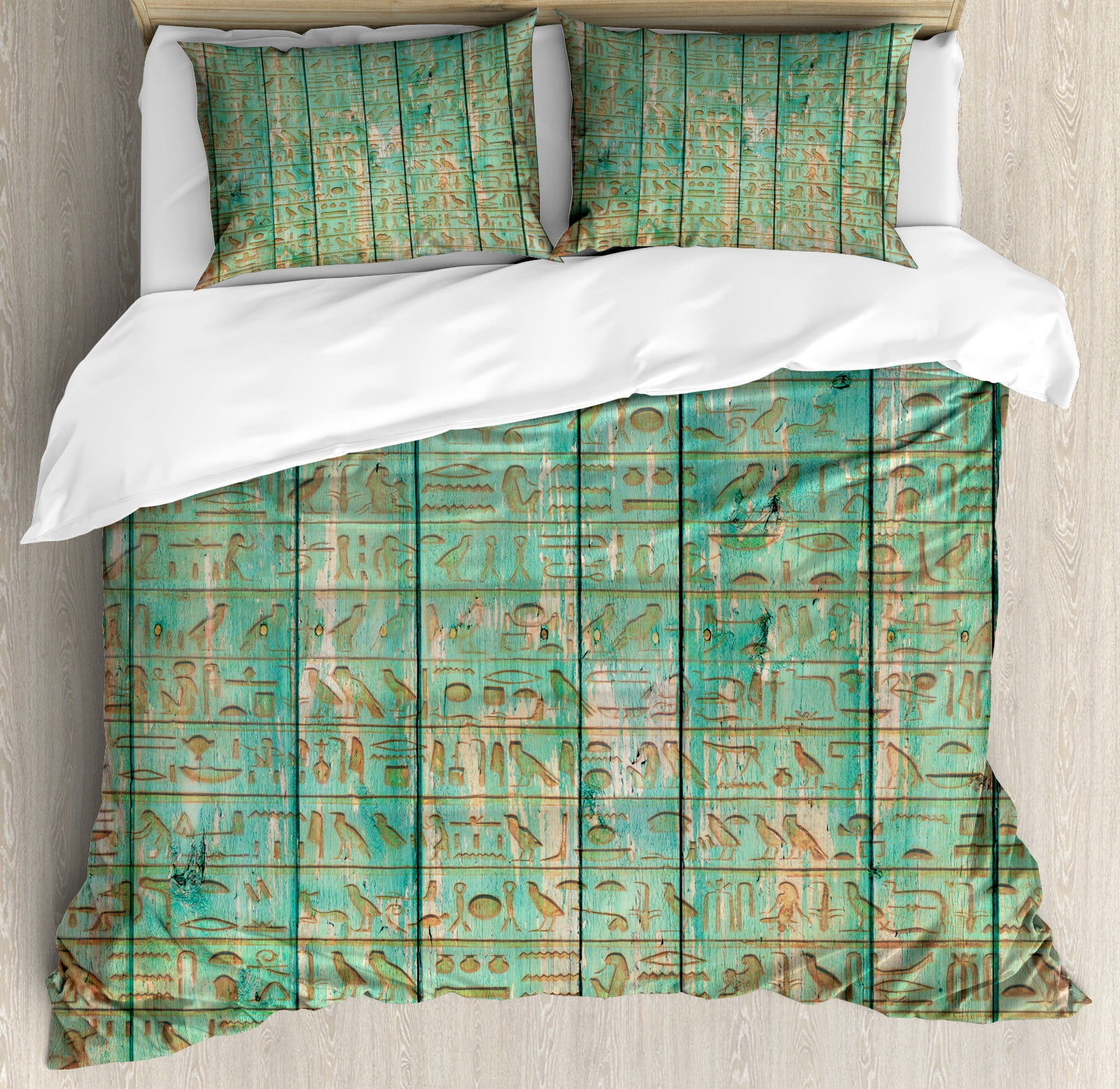 Egypt Duvet Cover Set, Hieroglyphs on Wooden Board Mystic Egyptian