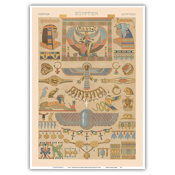 Egypt - Egyptian Hieroglyphs - Pharaoh Gods - Vintage Lithograph Print by Albert Charles Auguste Racinet c.1888 - Master Art Print 10in x 14in