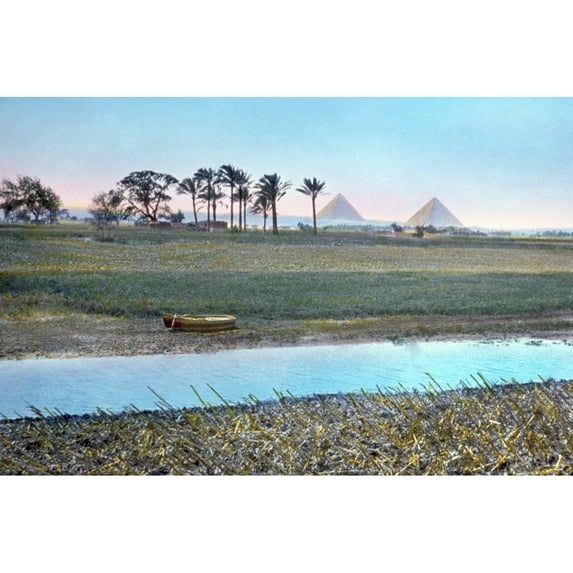 Egypt Goshen. Nthe Land Of Goshen In Egypt With The Great Pyramids Of Giza In The Background. Undated Hand-Colored