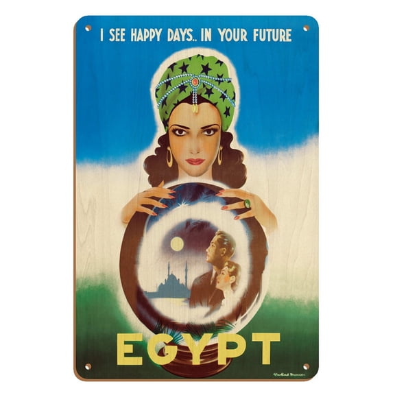Egypt - I See Happy Days... in Your Future - Egyptian Fortune Teller - Vintage Travel Poster by Rachad Manassa c.1960 - 8 x 12 inch Vintage Wood Art Sign