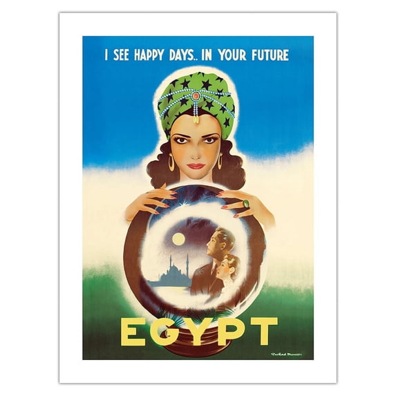 Egypt - I See Happy Days... in Your Future - Egyptian Fortune Teller - Vintage Travel Poster by Rachad Manassa c.1960 - Fine Art Matte Paper Print (Unframed) 18x24in