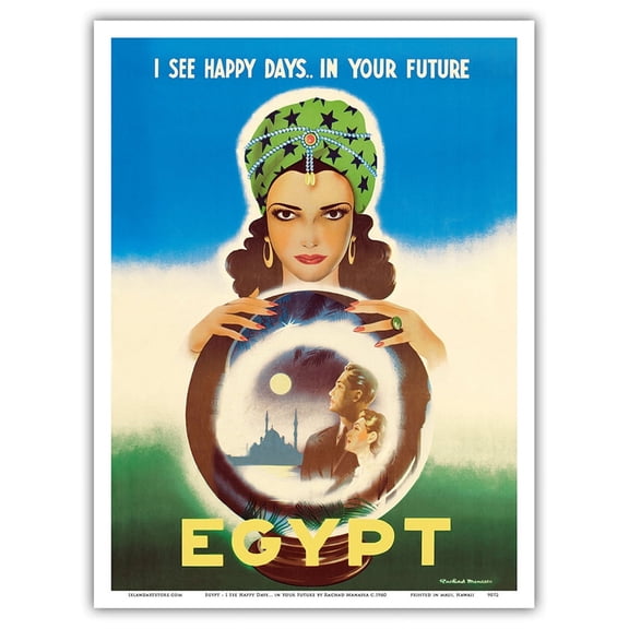 Egypt - I See Happy Days... in Your Future - Egyptian Fortune Teller - Vintage Travel Poster by Rachad Manassa c.1960 - Master Art Print (Unframed) 9in x 12in