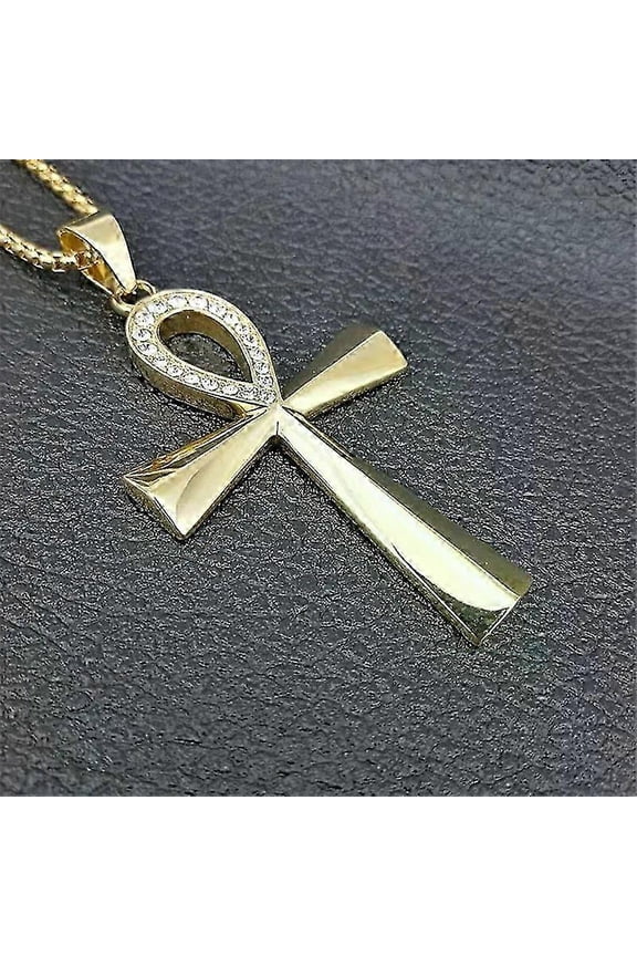 Egypt Iced Out Bling Ankh Cross Pendant Necklace Suitable for Women And Men Key of Life Stainless Steel Egyptian Jewelry