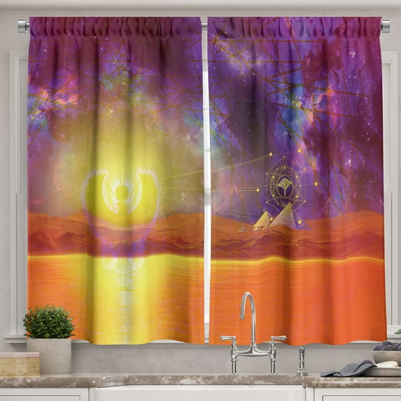 Egypt Kitchen Curtains, Secret Proportion of the Universe Sign with Triangles and Lines Scenery Print, Two Panels Drapes with Rod Pocket Room Decor, 55" X 45", Purple Orange, by Ambesonne
