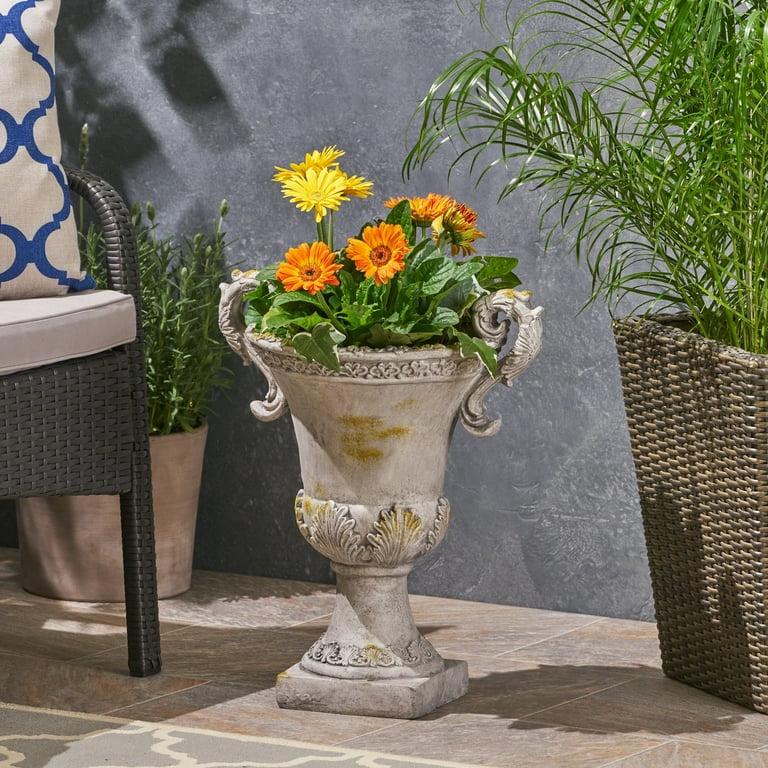 Egypt Outdoor Light Weight Concrete Chalice Garden Urn Planter, Antique White Egypt Outdoor Light Weight Concrete Chalice Garden Urn Planter, Antique White