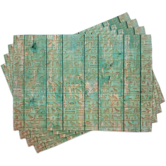 Egypt Place Mats Set of 4, Hieroglyphs on Wooden Board Mystic Egyptian Mummy Motherland Culture Image, Washable Fabric Placemats for Dining Table, Seafoam