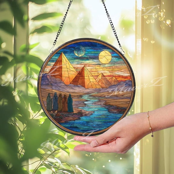 Egypt Pyramid Glass Suncatcher, Round Desert Sunset, Ancient History, 6.3 in