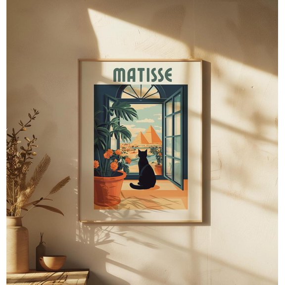 Egypt Pyramids Open Window Art Print, Cat Illustration, Travel Decor Unframed Paper Print