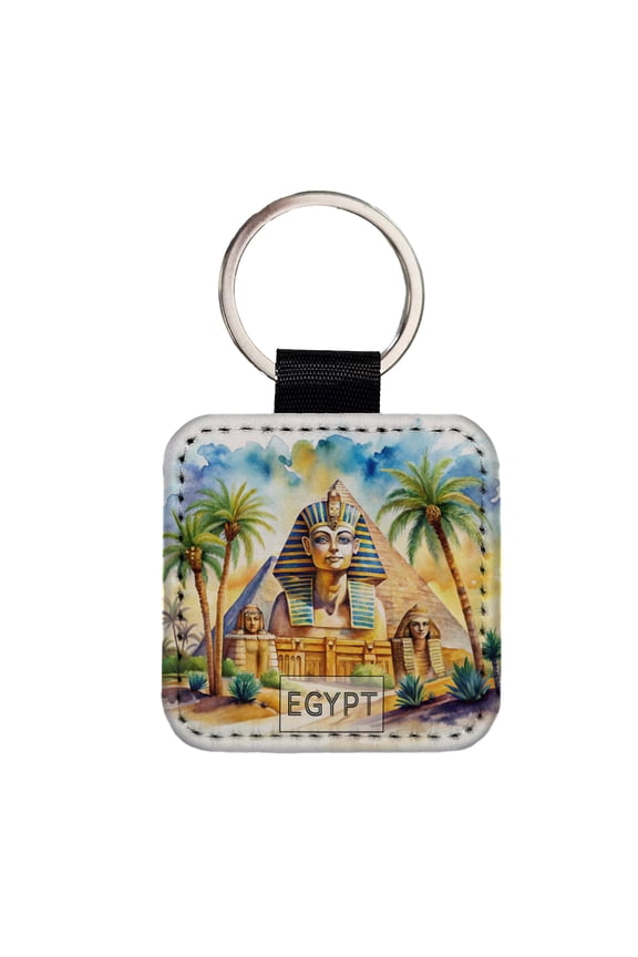 Egypt Pyramids Sphinx Travel Country Watercolor Faux Leather Square Keychain