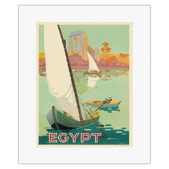 Egypt - Sailboats on the The Nile River - Vintage Travel Poster by H. Hashim c.1930s - Fine Art Rolled Canvas Print 11in x 14in