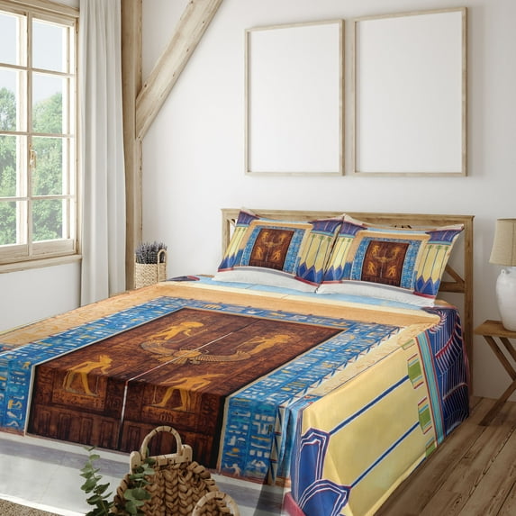 Egypt Sheet Set, Old Building with Entry Door and Round Columns with Detailed Patterns, Fitted and Flat Sheet with Pillowcases Bedding Accent 4 Piece Set, Calking, Multicolor, by Ambesonne