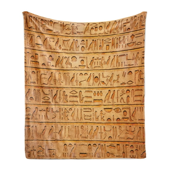 Egypt Soft Flannel Fleece Throw Blanket, Hieroglyph Stones with Historic Prehistoric Art Style Different, Cozy Plush for Indoor and Outdoor Use, 60" x 80", Pale Orange Amber, by Ambesonne