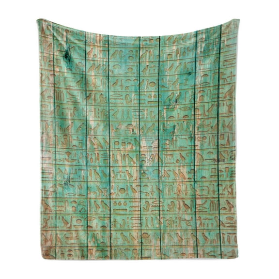 Egypt Soft Flannel Fleece Throw Blanket, Hieroglyphs on Wooden Board Mystic Egyptian Mummy Motherland Culture Image, Cozy Plush for Indoor and Outdoor Use, 50" x 60", Seafoam, by Ambesonne