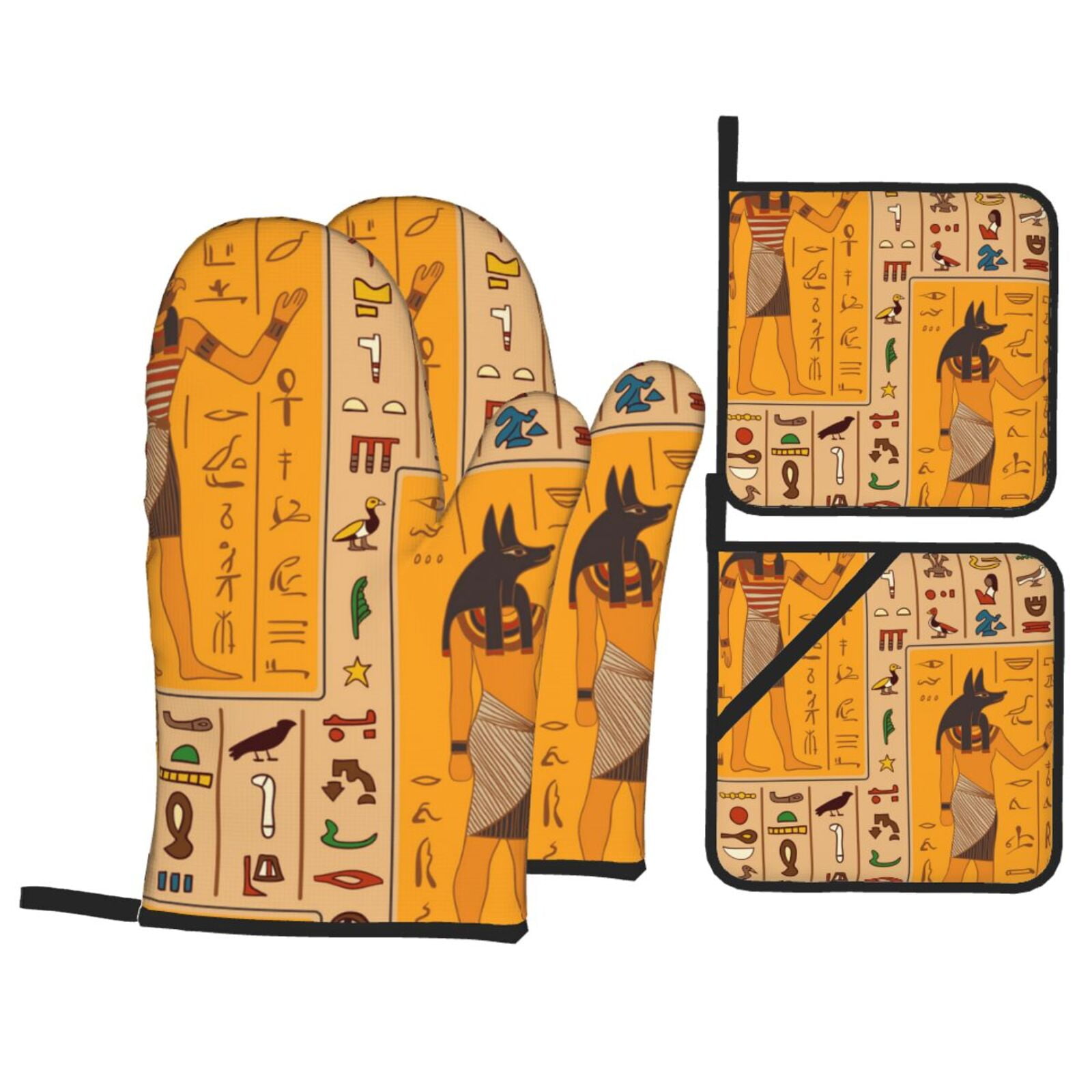 Egyptian Ancient Hieroglyphs 4Pcs Oven Mitts and Pot Holders Sets Oven Kitchen Gloves Hot Pads for Cooking BBQ Baking Grilling