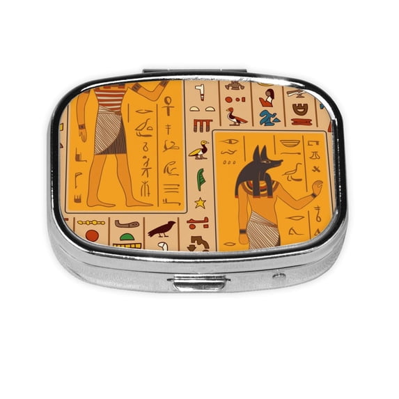 Egyptian Ancient Hieroglyphs Square Pill Box 2 Compartment Pill Case Medicine Organizer Decorative Gift for Purse Pocket