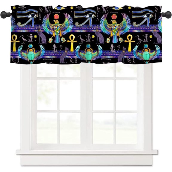 Egyptian Animal Valance, Watercolor Purple Golden Ancient Egypt Symbols Eye of Horus Beetle with Wings Print Blackout Short Window Curtain Treatment for Bedroom Living Room, 54x18inch