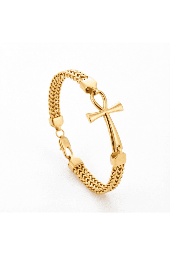 Egyptian Ankh Cross Bracelet for Men - Key of Life Protection Amulet, Double Row Braided Franco Chain, Stainless Steel Mens Jewelry Gift