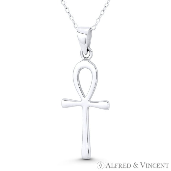 Egyptian Ankh Cross Key-of-Life Charm Pendant w/ Chain Necklace in .925 Sterling Silver