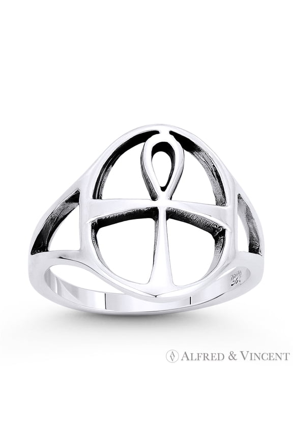 Egyptian Ankh Cross Key-of-Life Charm Splitshank Ring in Oxidized .925 Sterling Silver