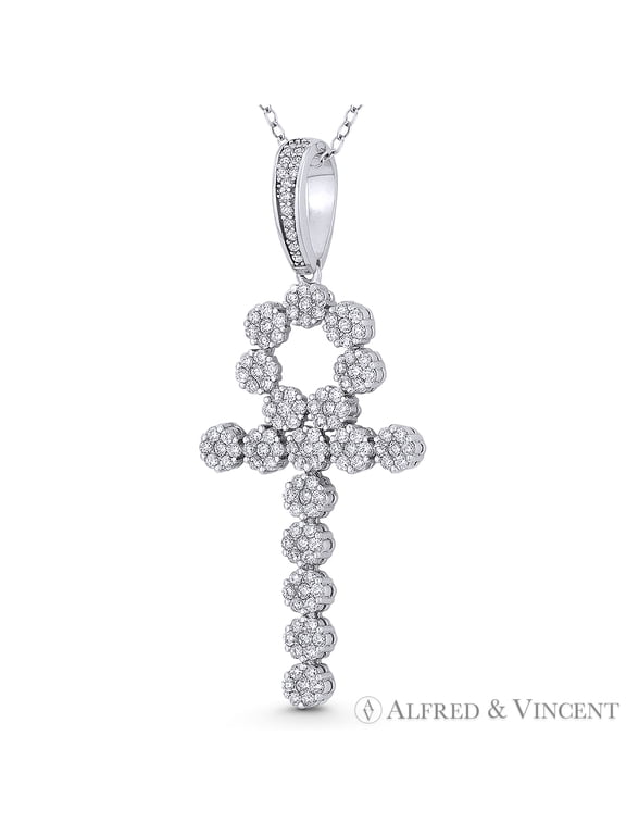 Egyptian Ankh Cross Key-of-Life Large Cubic Zirconia CZ Crystal Pave 52x21mm (2x0.8in) Pendant in .925 Sterling Silver w/ Rhodium