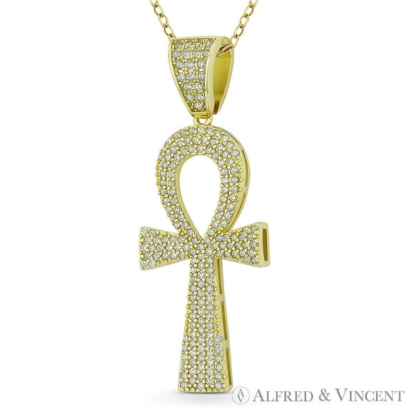 Egyptian Ankh Cross Key-of-Life Large Cubic Zirconia CZ Crystal Pave 43x16mm (1.7x0.6in) Pendant & Chain Necklace in .925 Sterling Silver w/ 14k Yellow Gold