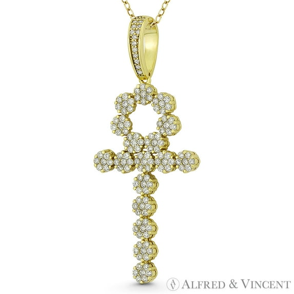 Egyptian Ankh Cross Key-of-Life Large Cubic Zirconia CZ Crystal Pave 52x21mm (2x0.8in) Pendant & Chain Necklace in .925 Sterling Silver w/ 14k Yellow Gold