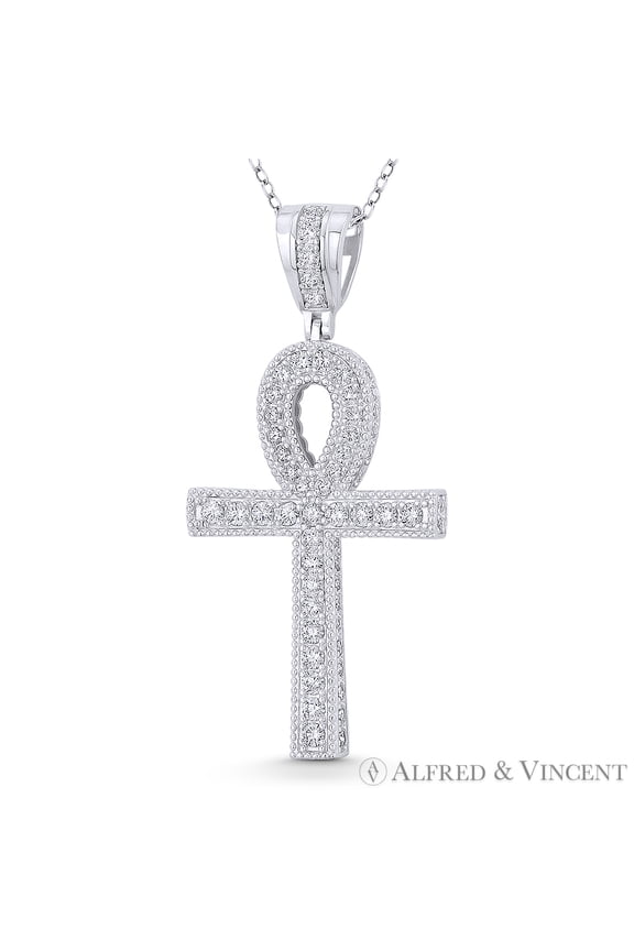 Egyptian Ankh Cross Key-of-Life Large Cubic Zirconia CZ Crystal Pave 53x20mm (2.1x0.8in) Pendant in .925 Sterling Silver w/ Rhodium