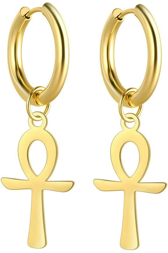 Egyptian Ankh Cross Pendant Earrings Stainless Steel Dangle Hoop Earrings Key of Life Amulet Classic Cross Jewelry for Women Men