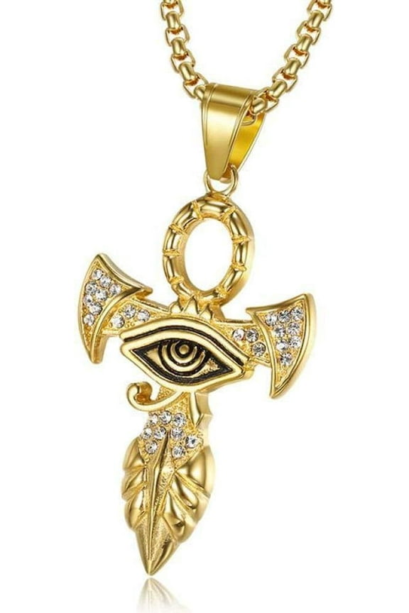 Egyptian Ankh Cross Pendant Necklace For Women/Men Gold Color Stainless Steel Eye Of Horus Necklace Iced Out Egypt Jewelry