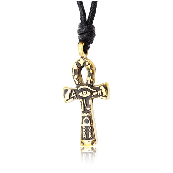 Egyptian Ankh Key Eye of Horus Ra Gold Brass Necklace Pendant Jewelry With Cotton Cord